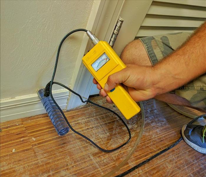Moisture probe meter inserted into wall cavity. 